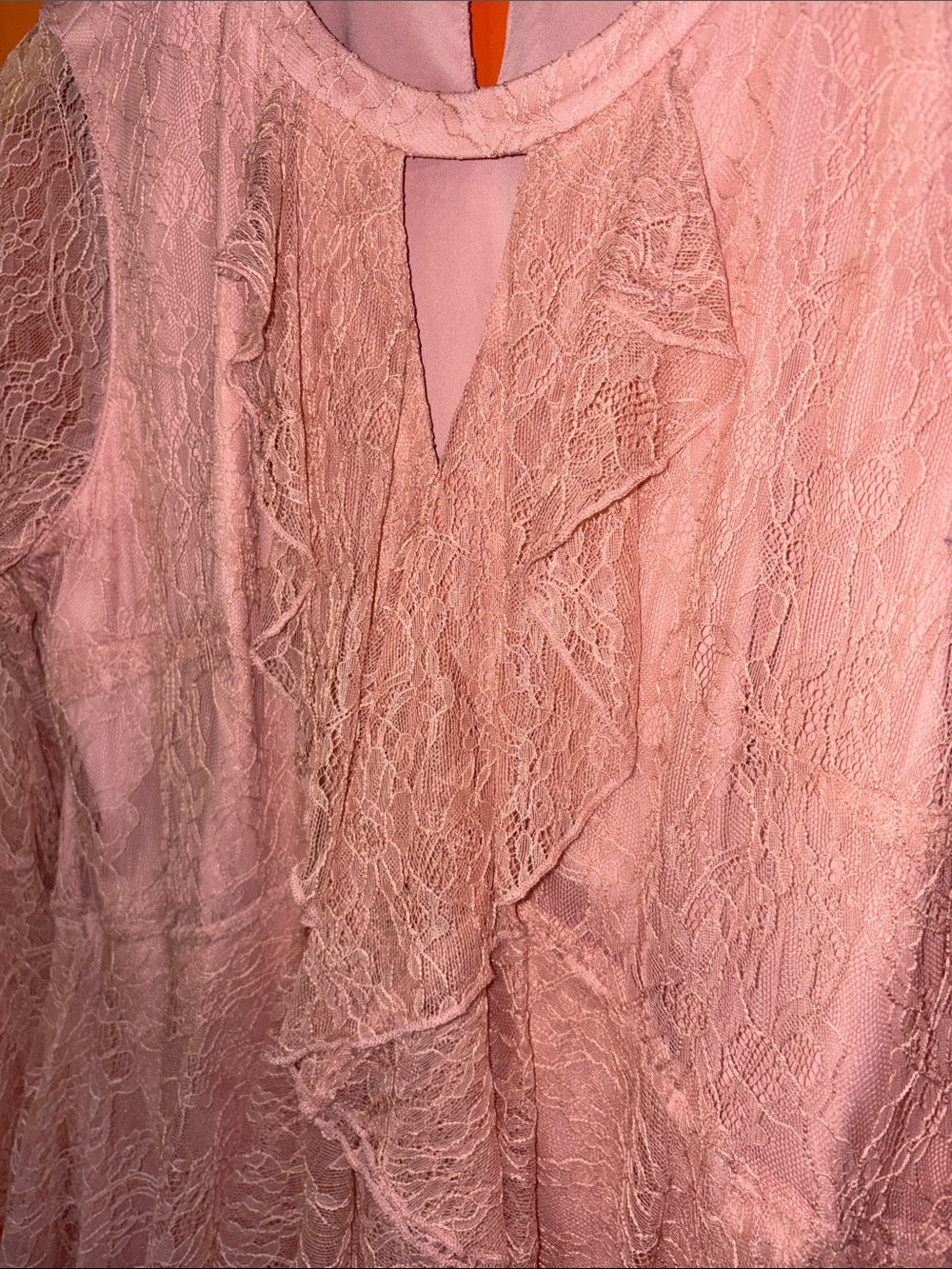 Isaac Mizrahi Live  Dusty Pink Lace Ruffle Blouse Woman’s Size 10 Poets Sleeve - Picture 8 of 17